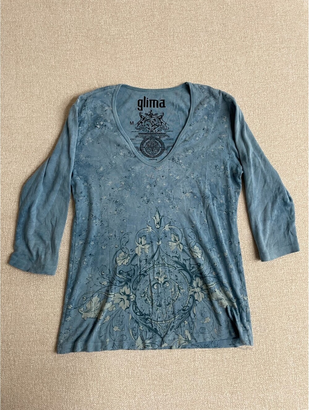 Glima Womens Blue Y2K Floral Scrollwork Graphic 3/4 Sleeve Top Size M